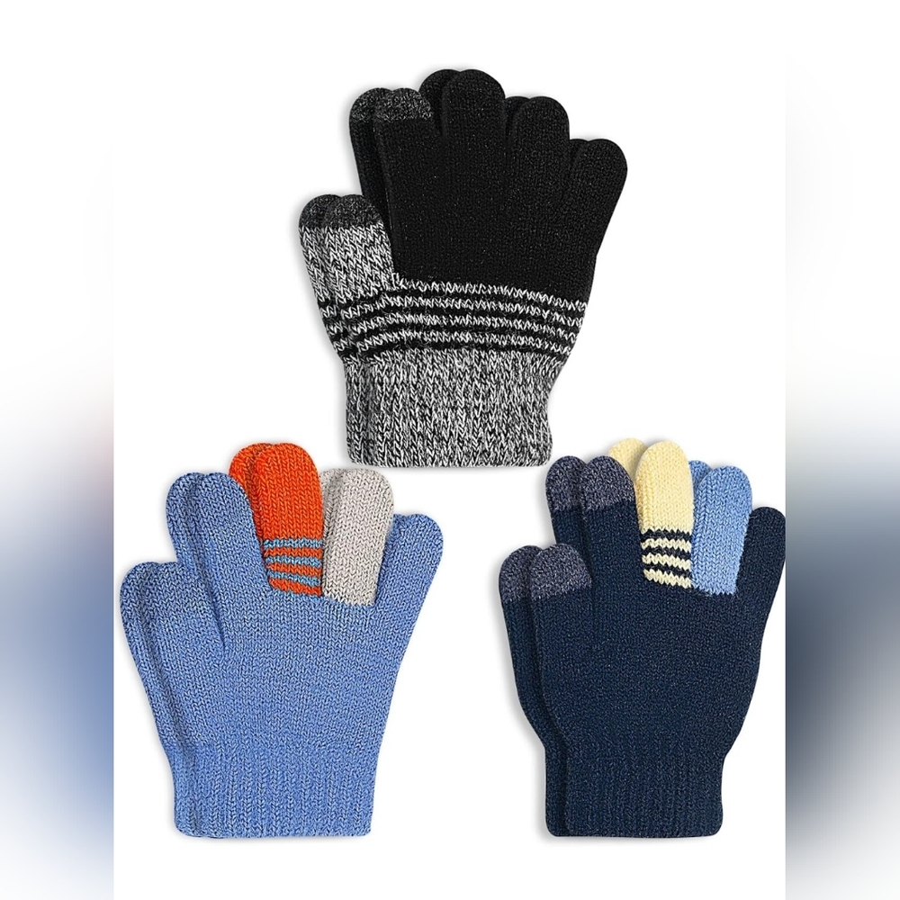 Kimmy Ku kids boys gloves 3 pairs touch screen with lining blue black gray